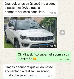 Mensagem de aluno(a): Aposentou, tinha menos renda e queria passar na OAB. Passou e realizou o sonho de ter o carro que queria!