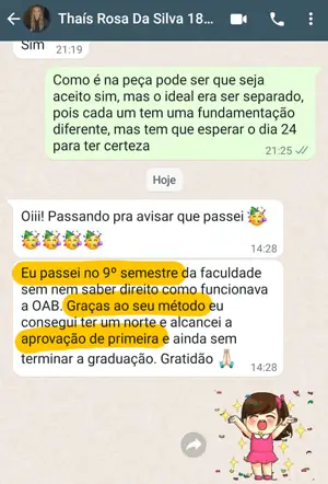 Mensagem de aluno(a): Decidiu tentar a OAB no 9º semestre. Seguiu meu método e passou antes mesmo de ter o diploma dela!